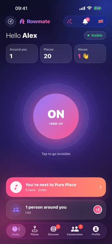 Rowmate radar screen: radar on, one person around you, 20 places nearby